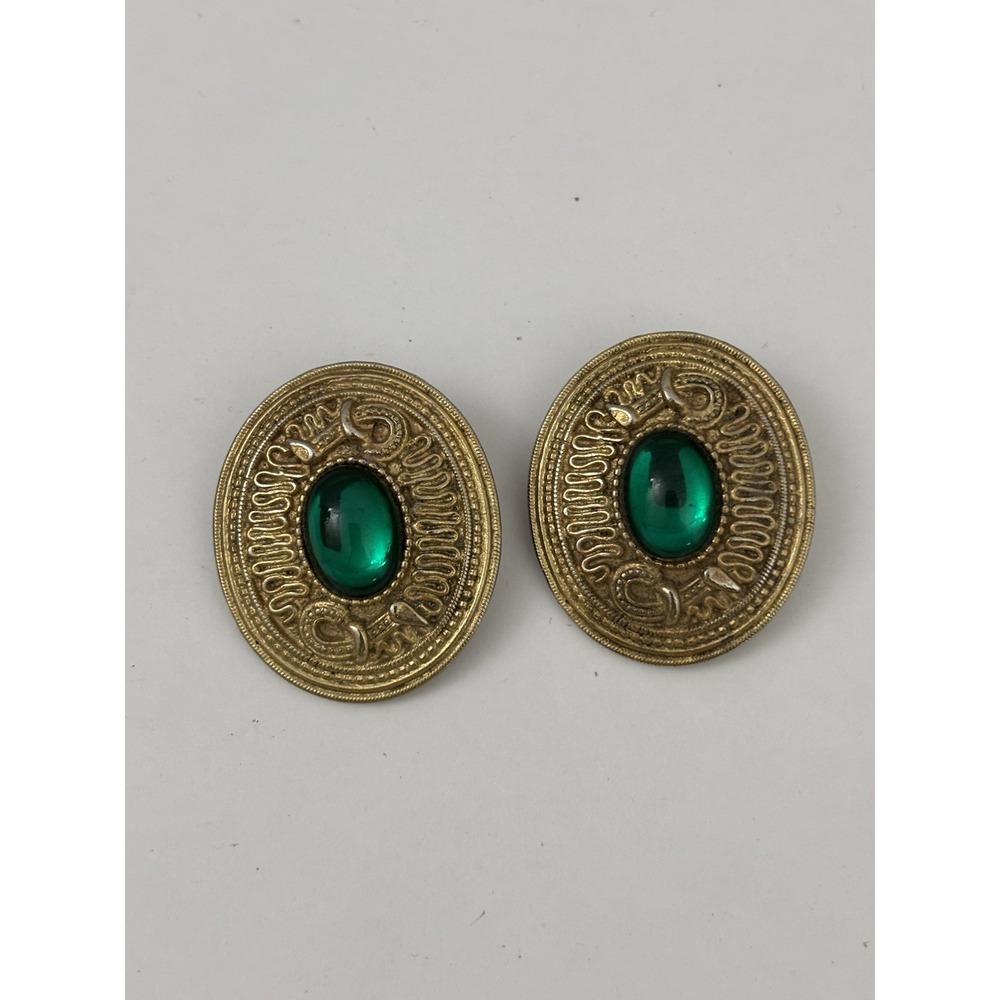 Vintage‎ Dauplaise Clip On Earrings Gold Tone & Green Center